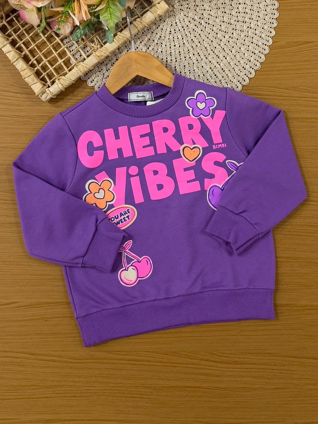 Conjunto Infantil Bimbi Inverno com Calça e Moletom sem Flanela Roxo Cherry Vibes