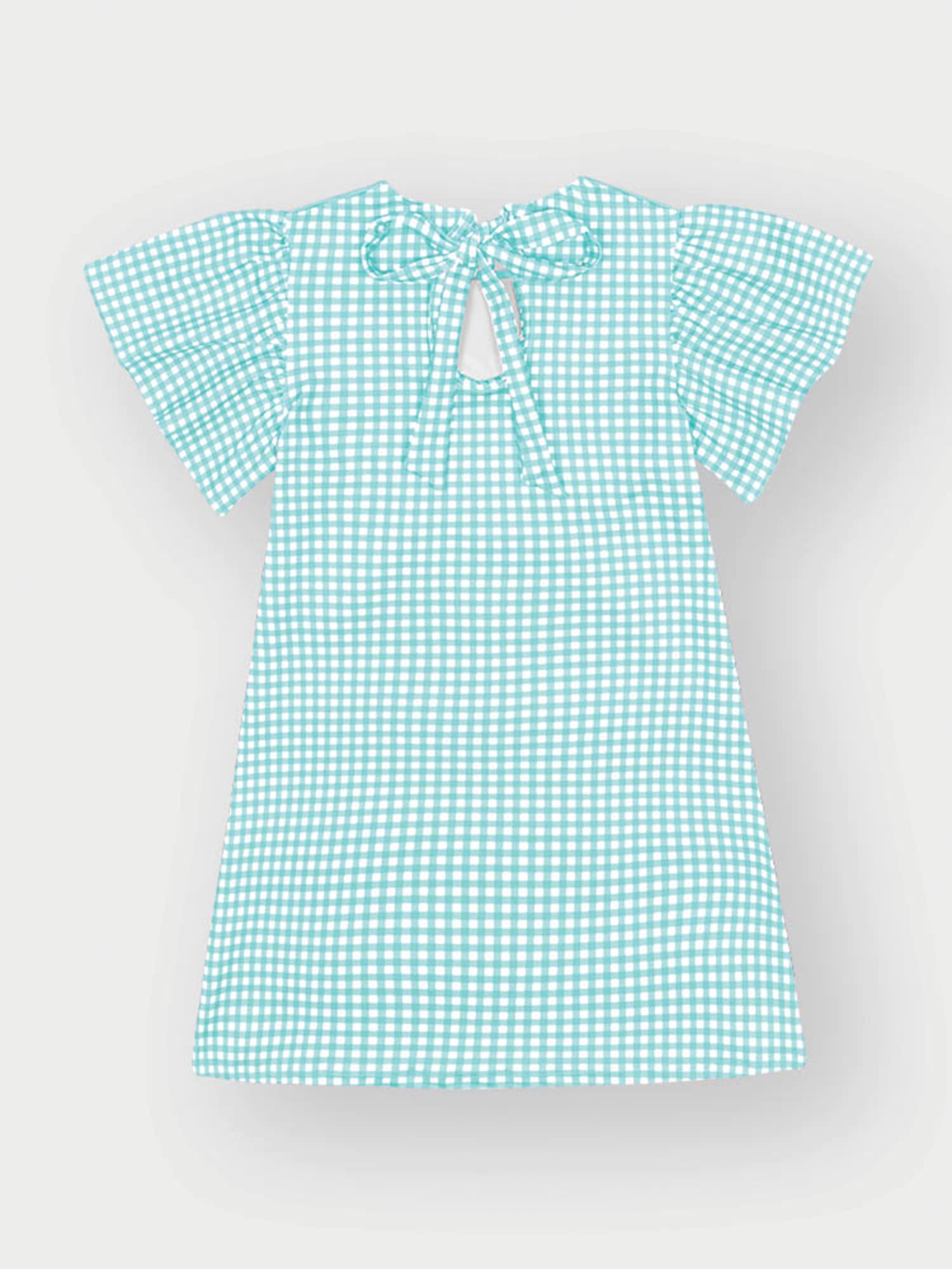 Vestido Infantil Cinti Verão Manga Curta Azul Xadrez Ursinha Floral