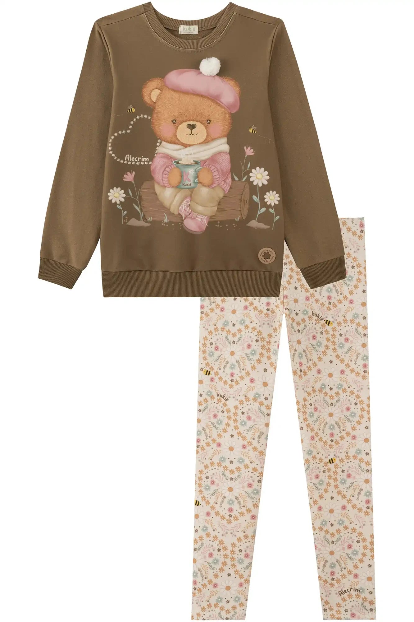 Conjunto Infantil Kukiê Inverno Legging e Moletom sem Flanela Marrom Ursinha