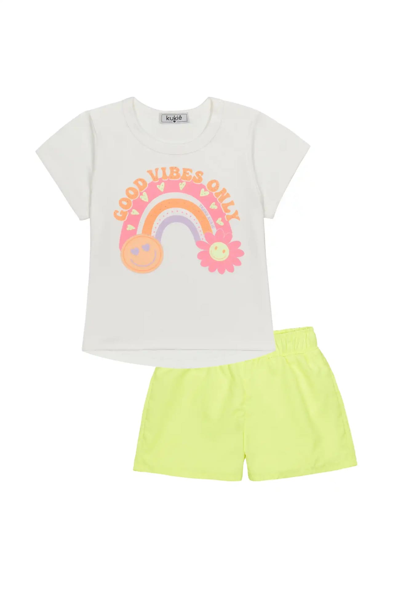 Conjunto Infantil Kukiê com Shorts Amarelo Neon e Blusa Arco-íris