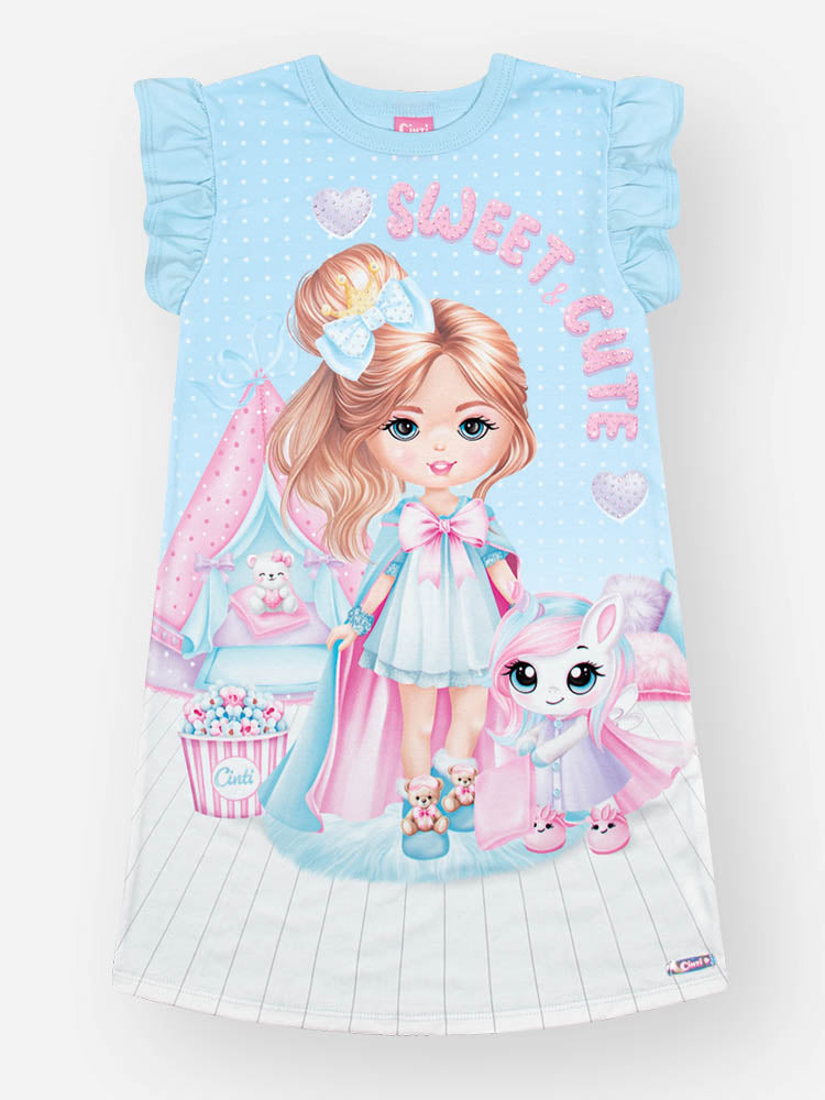 Camisola Infantil Cinti Verão Azul Menininha e Unicórnio Sweet Cute