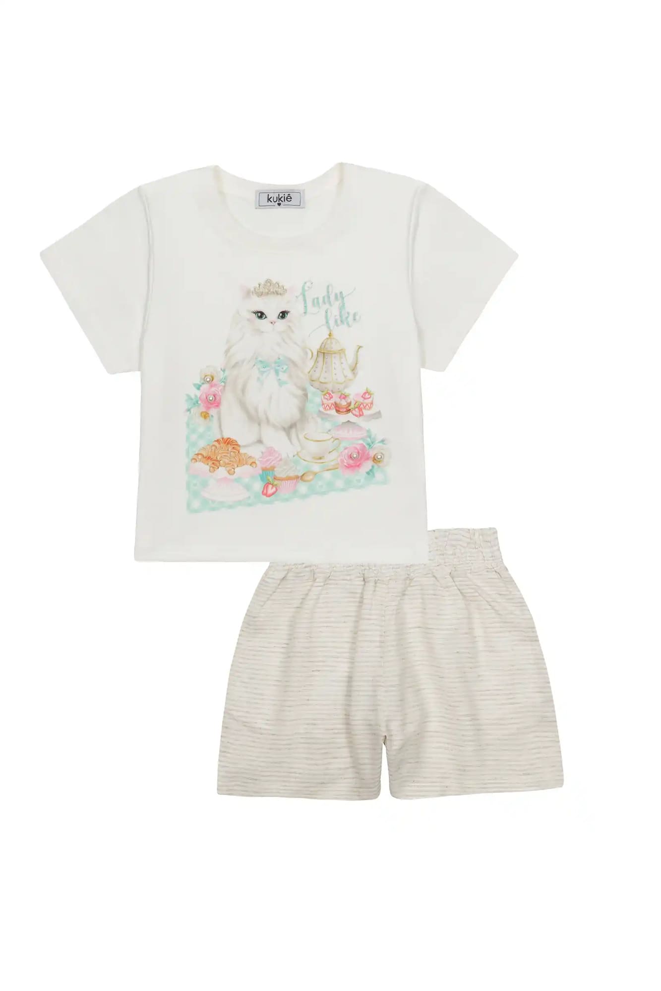 Conjunto Infantil Kukiê com Shorts Off White e Blusa Manga Curta Gatinha Princesa