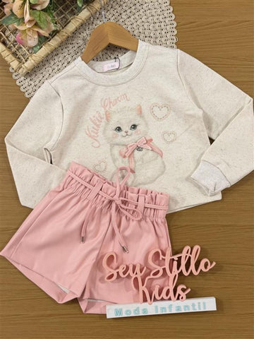 Conjunto Infantil Kukiê Inverno com Shorts Rosa e Moletom sem Flanela Gatinha com Strass