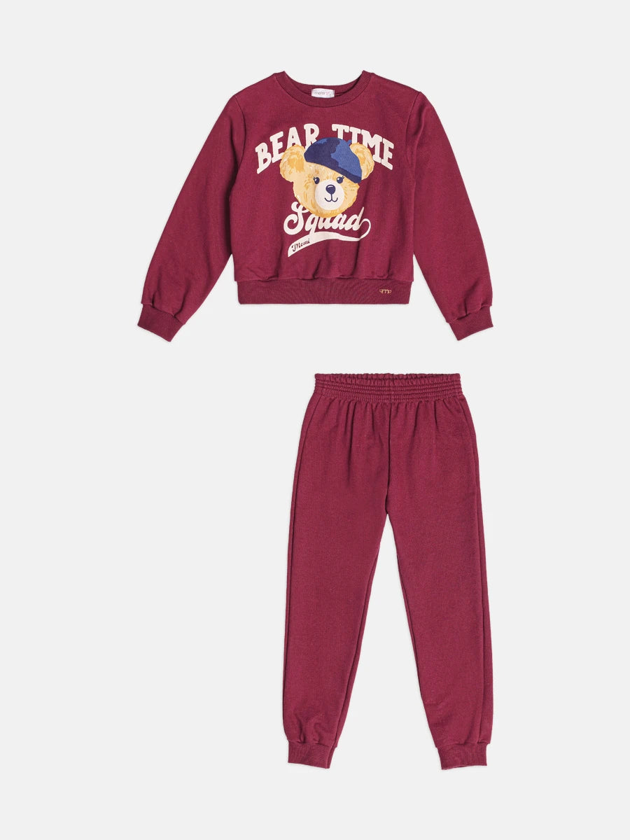 Conjunto Infantil Momi Inverno com Calça e Moletom sem Flanela Vinho Bear Time