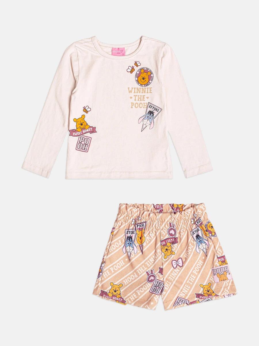 Conjunto Imfantil Momi Inverno com Shorts e Blusa Manga Longa Bege Ursinho Pooh Disney