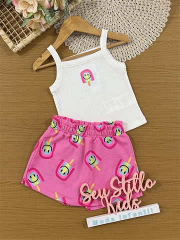 Conjunto Infantil Momi Verão com Shorts Saia Rosa e Regata Branca Sorvetinho