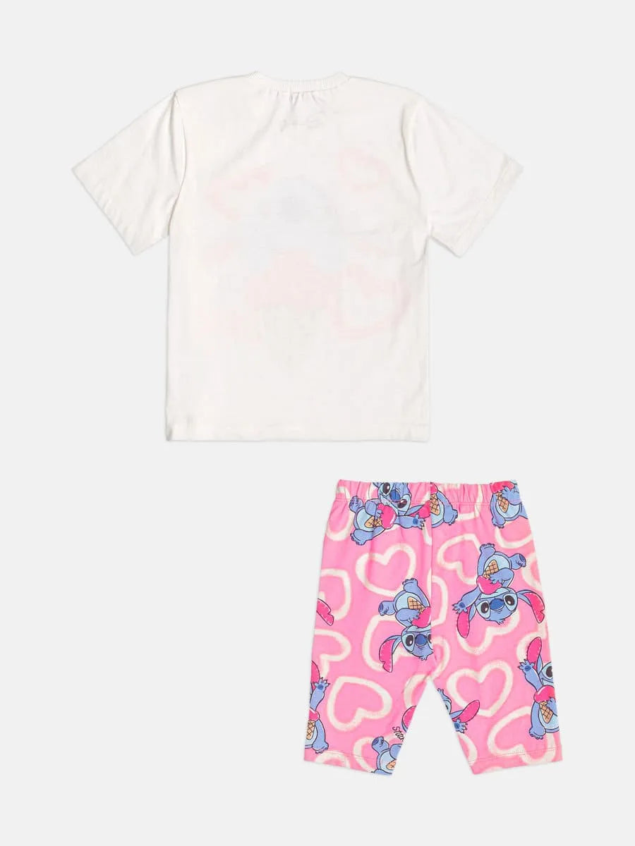 Conjunto Infantil Menina Momi Com Shorts Ciclista Rosa e Blusa Branca Stitch Sorvetinho Disney