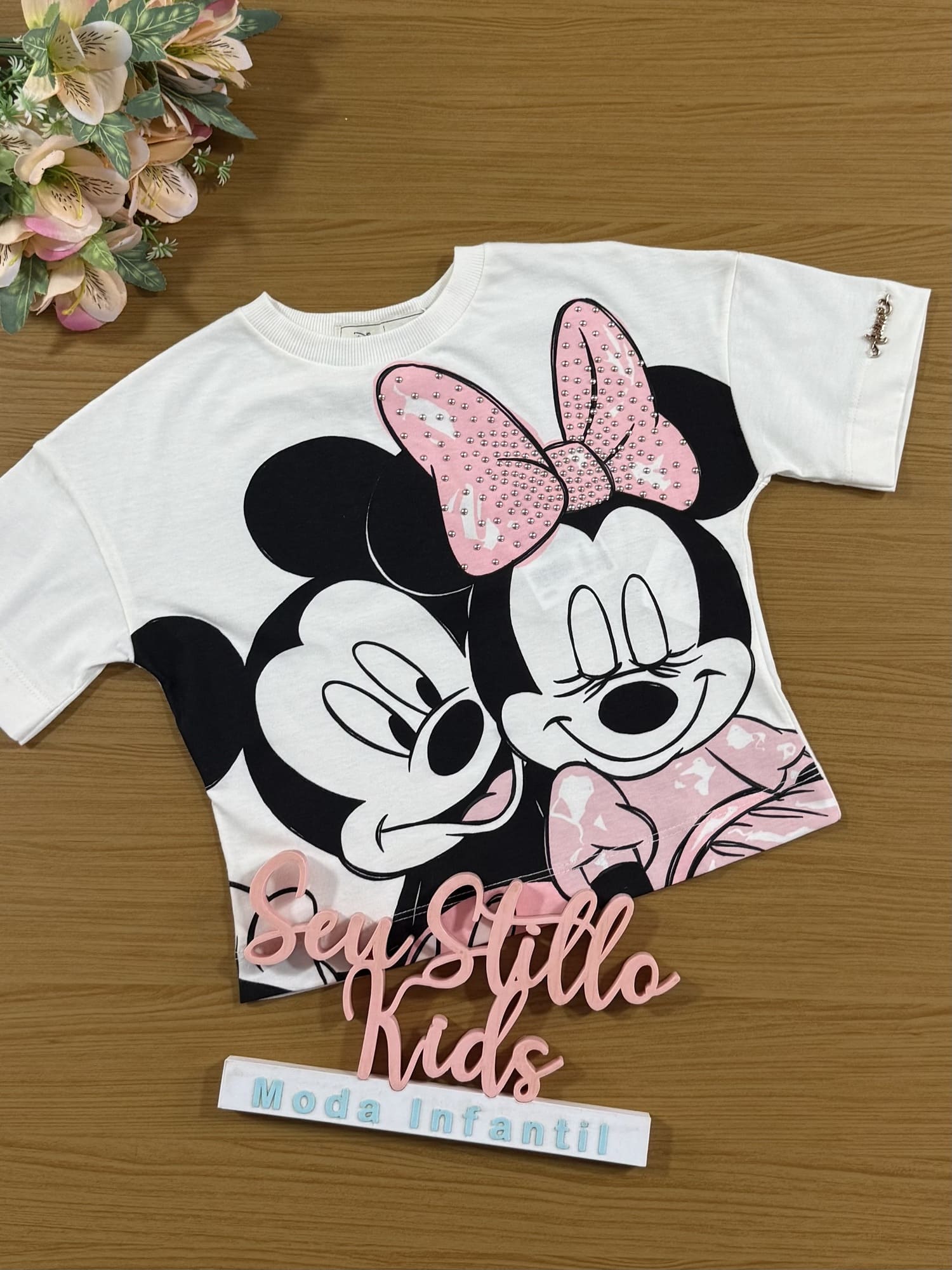 Blusa Infantil Animê Inverno Branca Mickey e Minnie com Strass Disney