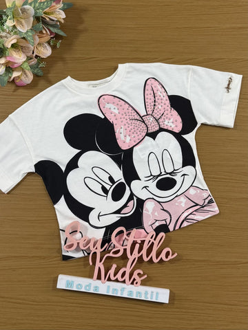 Blusa Infantil Animê Inverno Branca Mickey e Minnie com Strass Disney