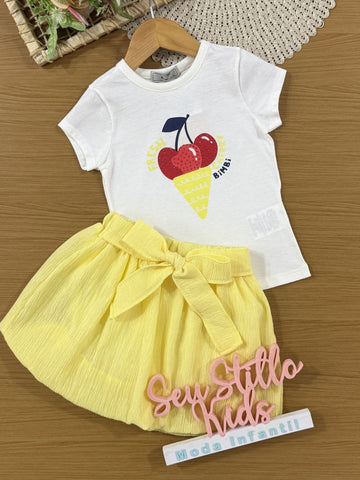 Conjunto Infantil Bimbi Verão com Saia Balonê Amarela e Blusa Branca Sorvetinho