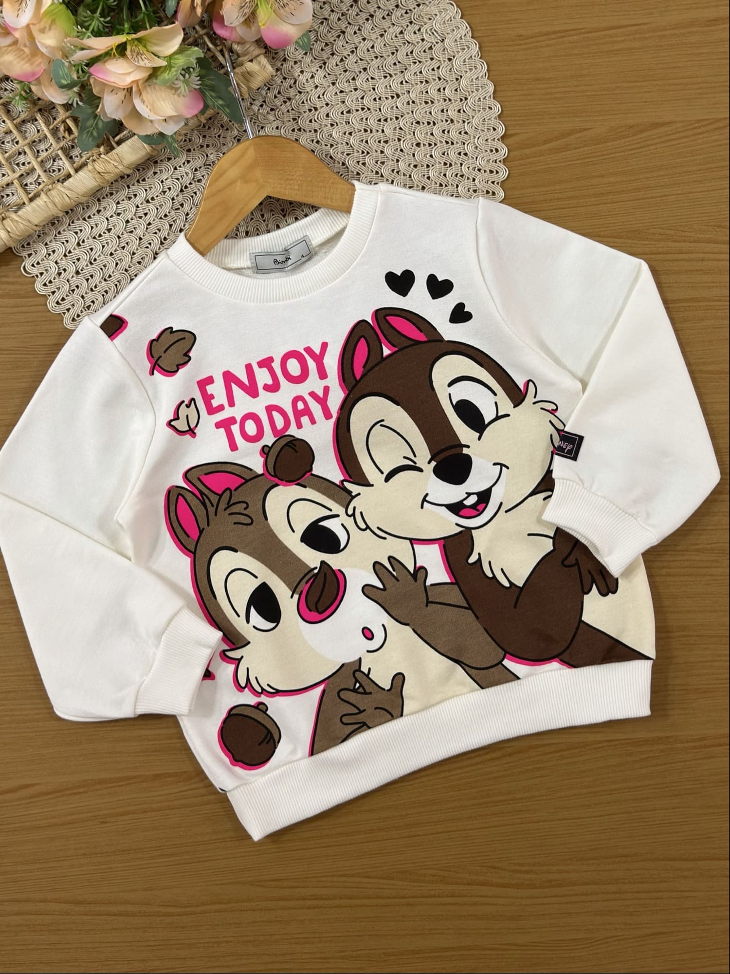 Conjunto Infantil Bimbi Inverno com Shorts Saia e Moletom sem Flanela Branco Tico e Teco Disney