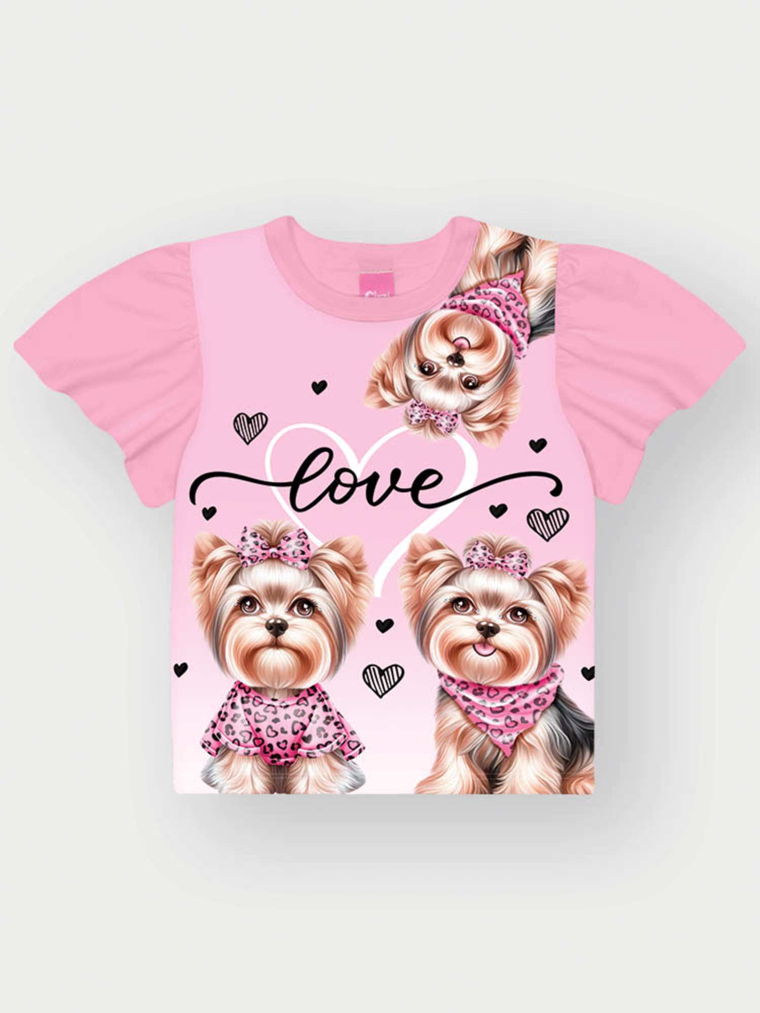 Conjunto Infantil Cinti Verão com Shorts Saia Azul Escuro e Blusa Rosa Cachorrinha Love