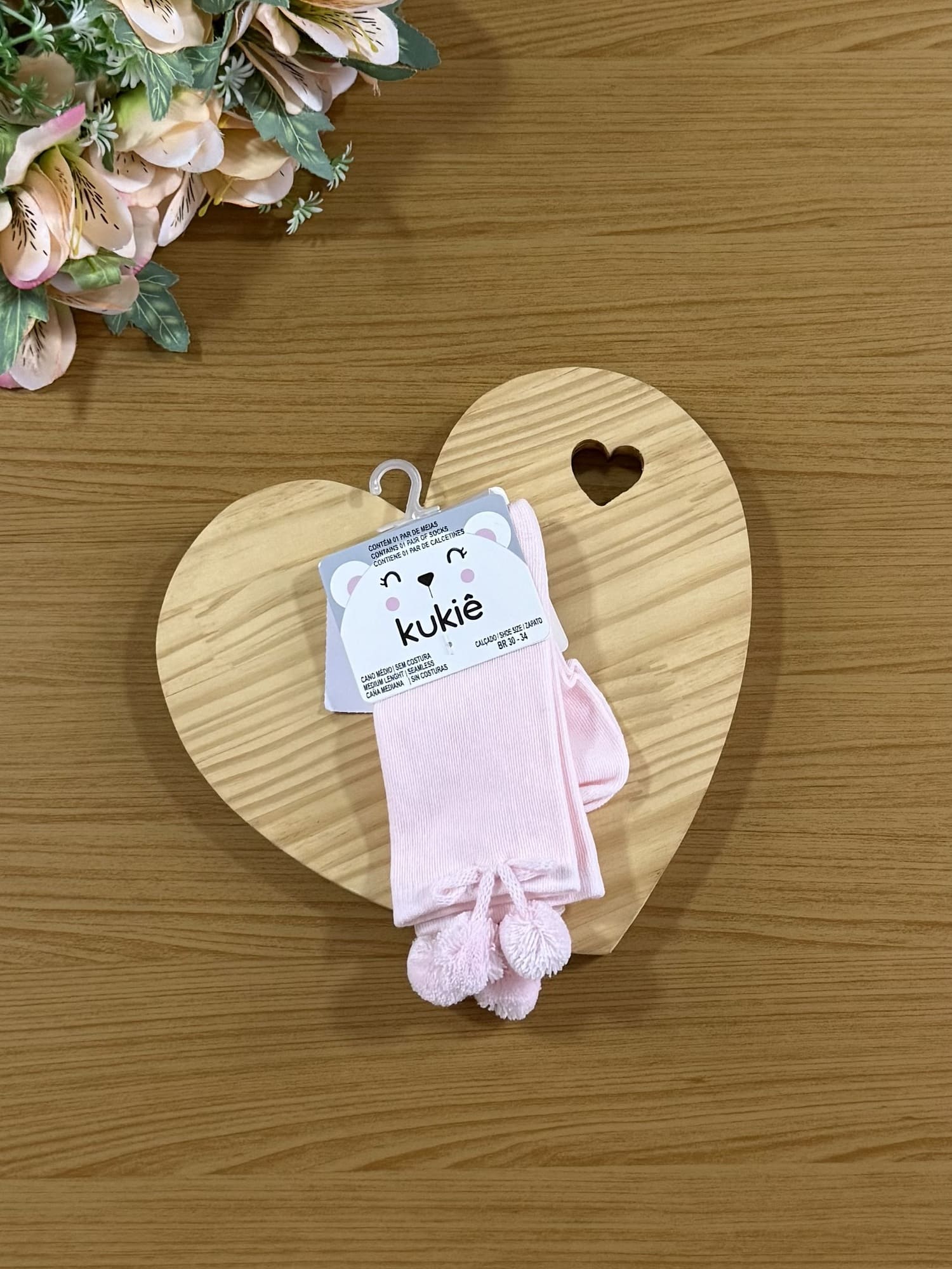Meia Infantil 3/4 Kukie Inverno Rosa Pompom