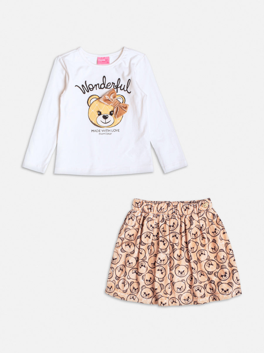 Conjunto Infantil Momi Inverno com Saia e Blusa Manga Longa Ursinha Laço