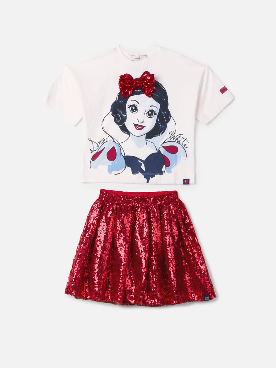 Conjunto Infantil Animê Saia Paetê Vermelho e Blusa Manga Curta Branca de Neve Disney