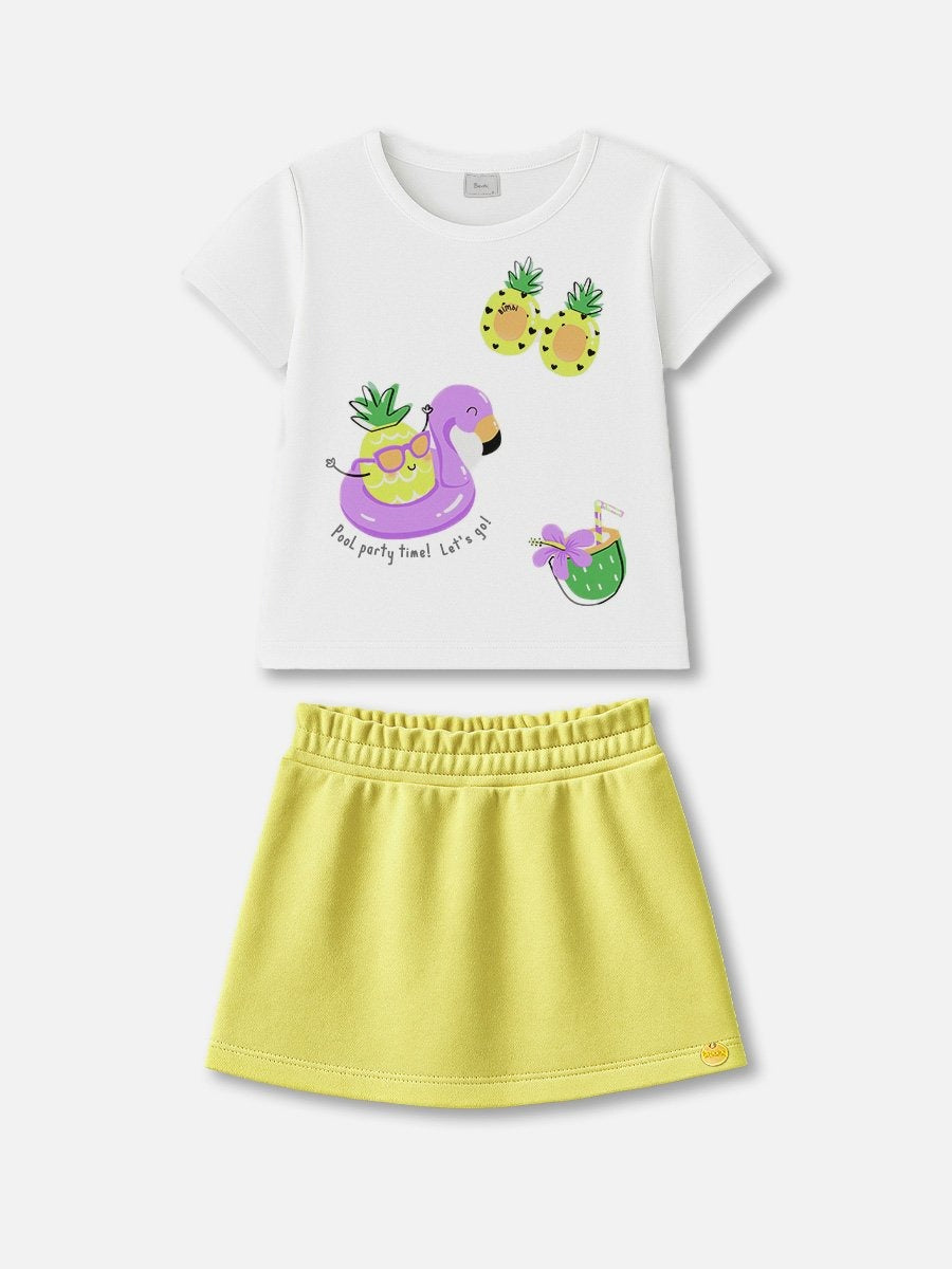 Conjunto Infantil Bimbi Verão com Shorts Saia Verde e Blusa Branca Praia