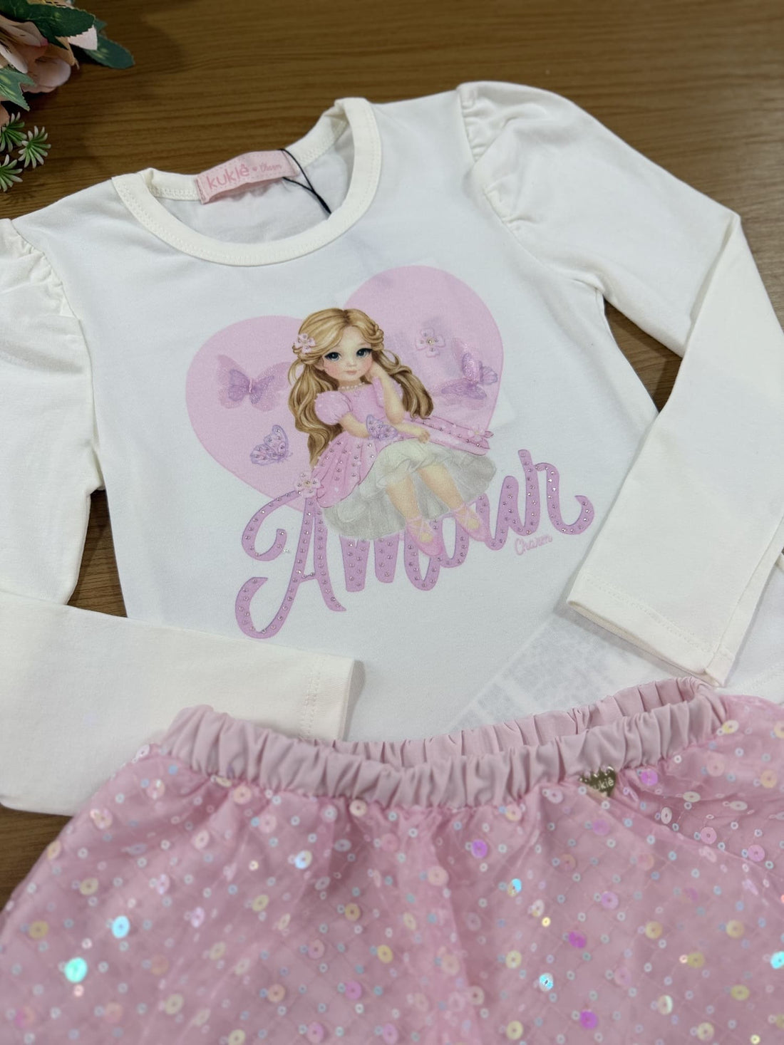 Conjunto Infantil Kukie Inverno Saia Paetê Rosa e Blusa Princesa
