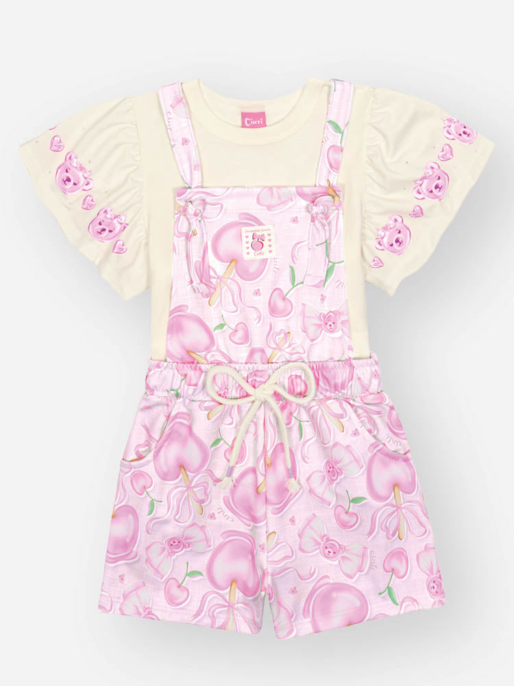 Jardineira Infantil Cinti Verão Lilás Docinhos com Blusa Branca