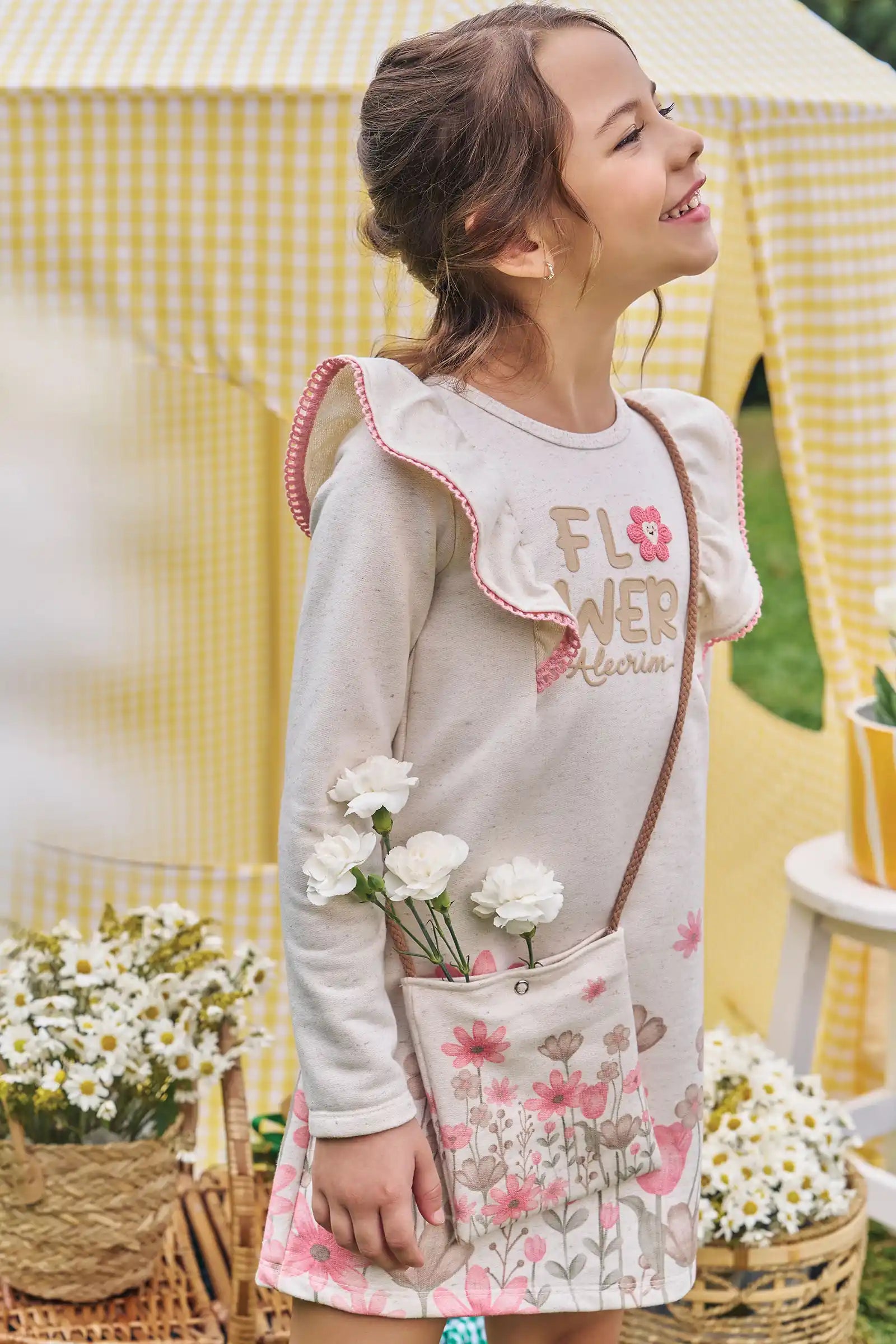 Vestido Infantil Kukiê Inverno Off White Flower com Bolsinha