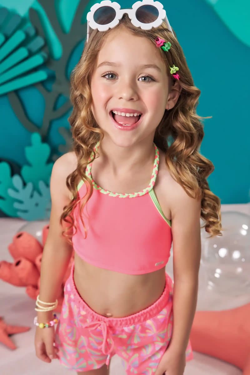 Biquíni Infantil Kukiê Verão Rosa com Saída de Praia em Tule Borboleta