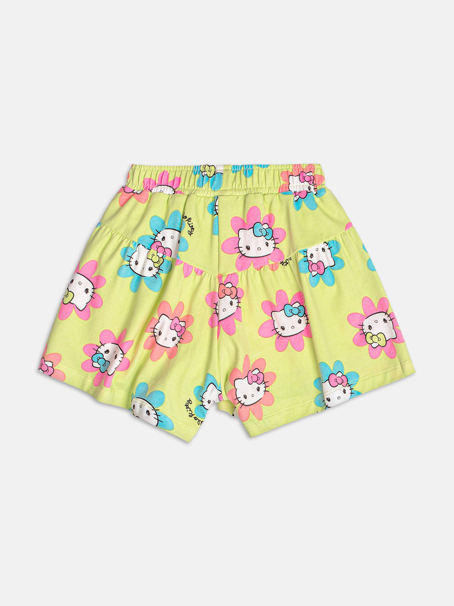 Conjunto Infantil Momi Verão com Shorts Verde e Blusa Branca Hello Kitty com Strass