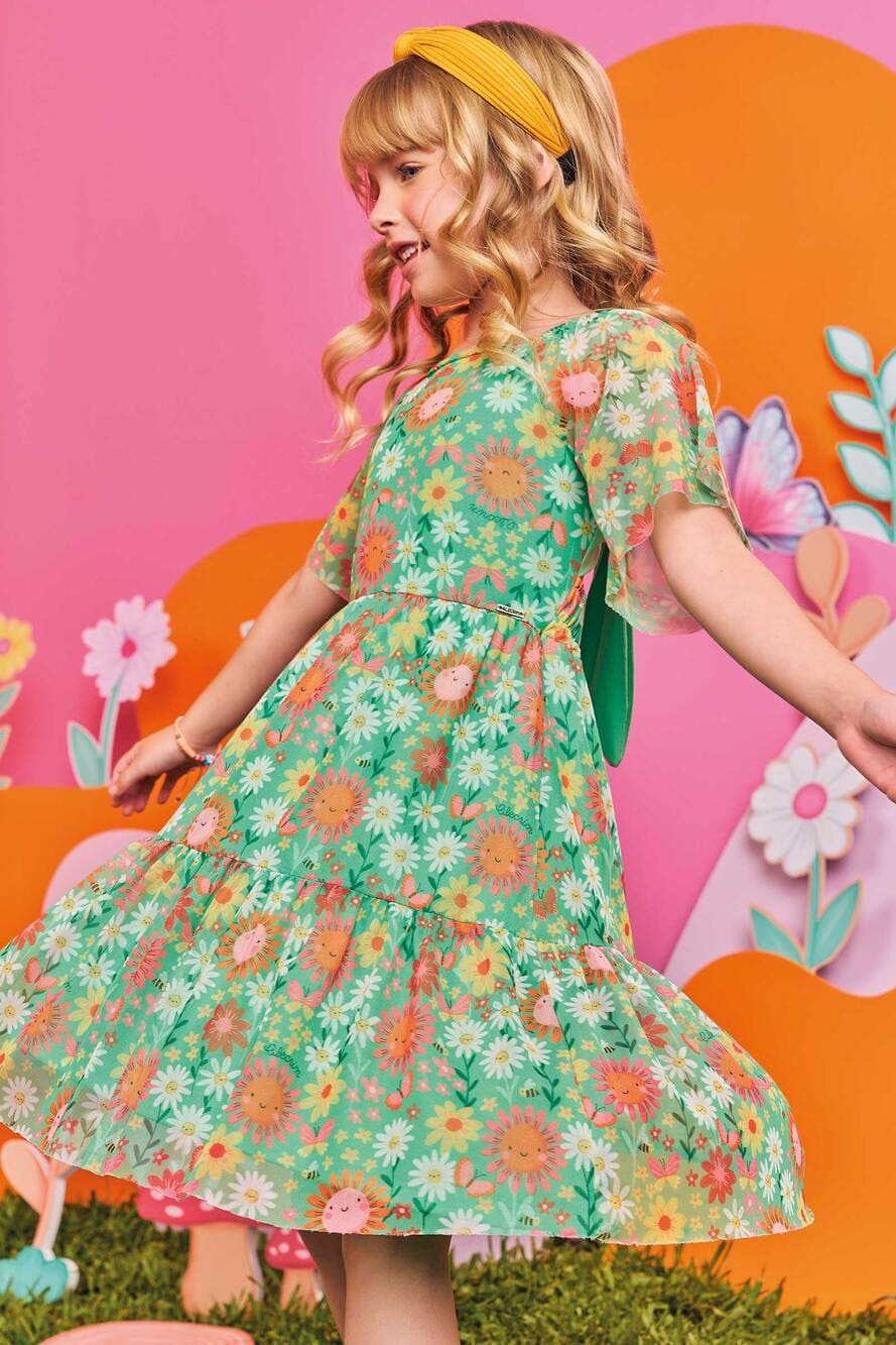 Vestido Infantil Kukiê Verão Verde Tule Flor