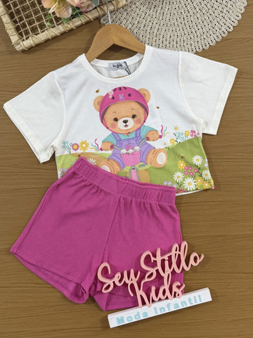 Conjunto Infantil Kukiê com Shorts Rosa e Blusa Manga Curta Ursinha Ciclista