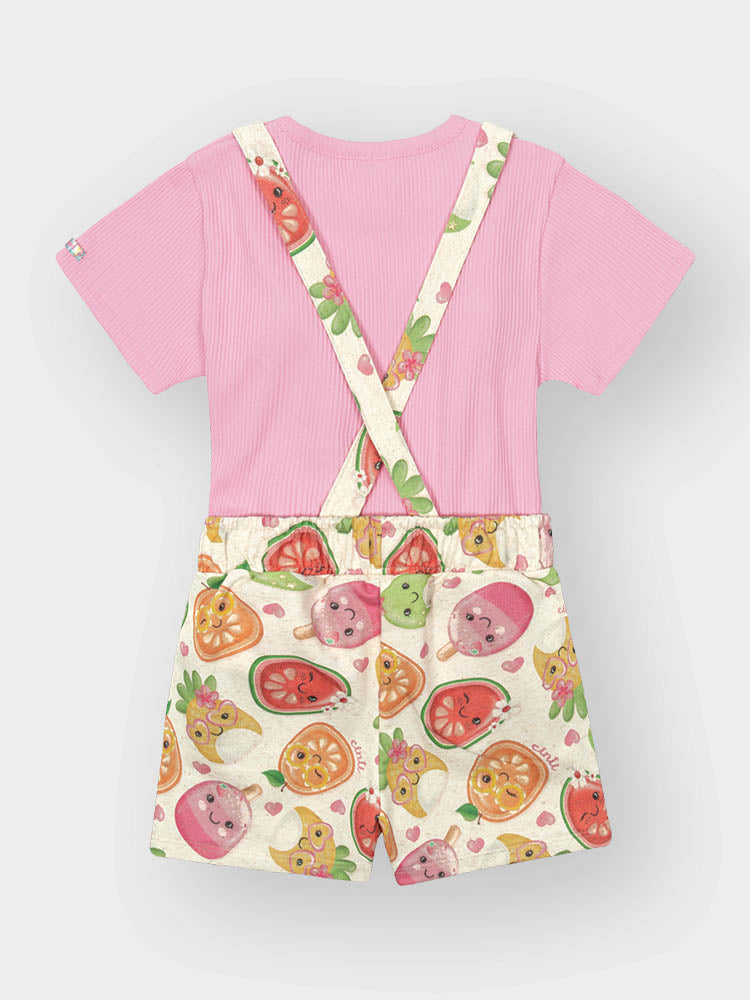 Jardineira Infantil Cinti Verão Frutinhas com Blusa Rosa