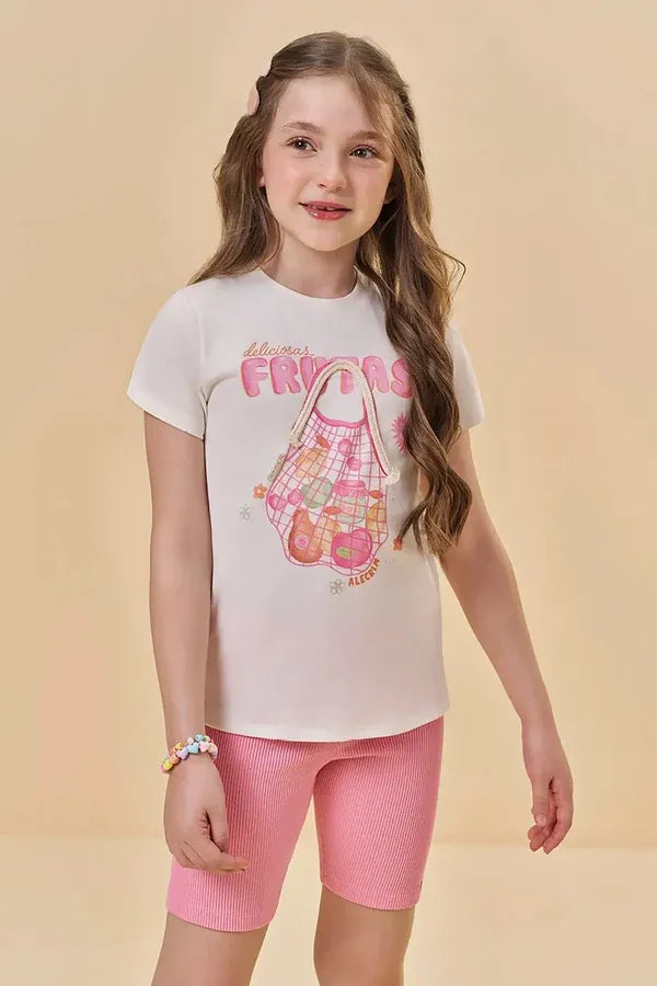 Conjunto Infantil Menina Kukiê com Shorts Ciclista Rosa e Blusa Frutinhas