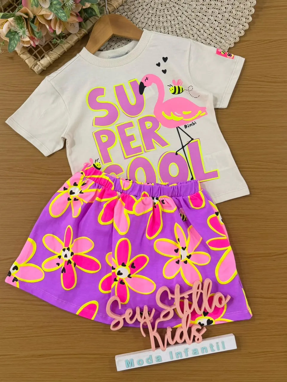 Conjunto Infantil Menina Bimbi Saia Roxa e Blusa Bege Flamingo