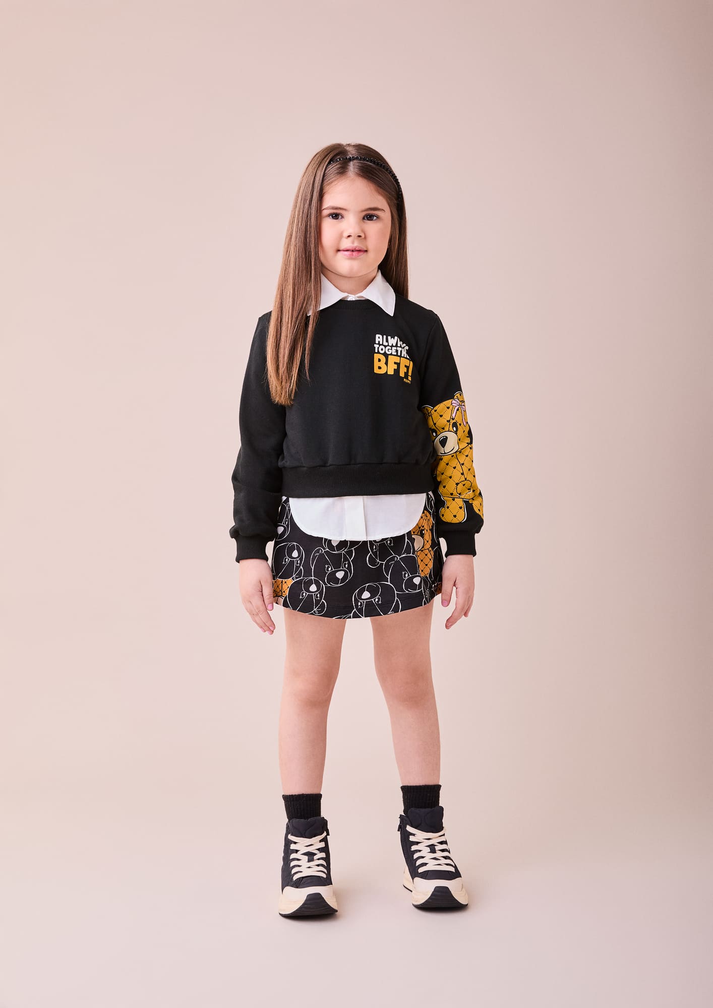 Conjunto Infantil Momi Inverno Shorts Saia e Blusa Preta Ursinha