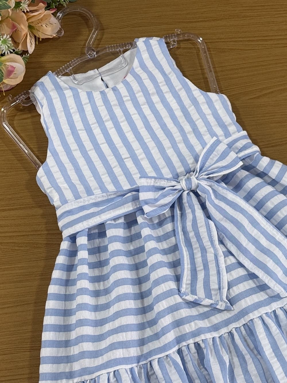 Vestido Infantil Momi Azul Listrado com Laço