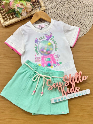 Conjunto Infantil Menina Kukiê com Shorts Saia Azul e Blusa Branca Docinhos