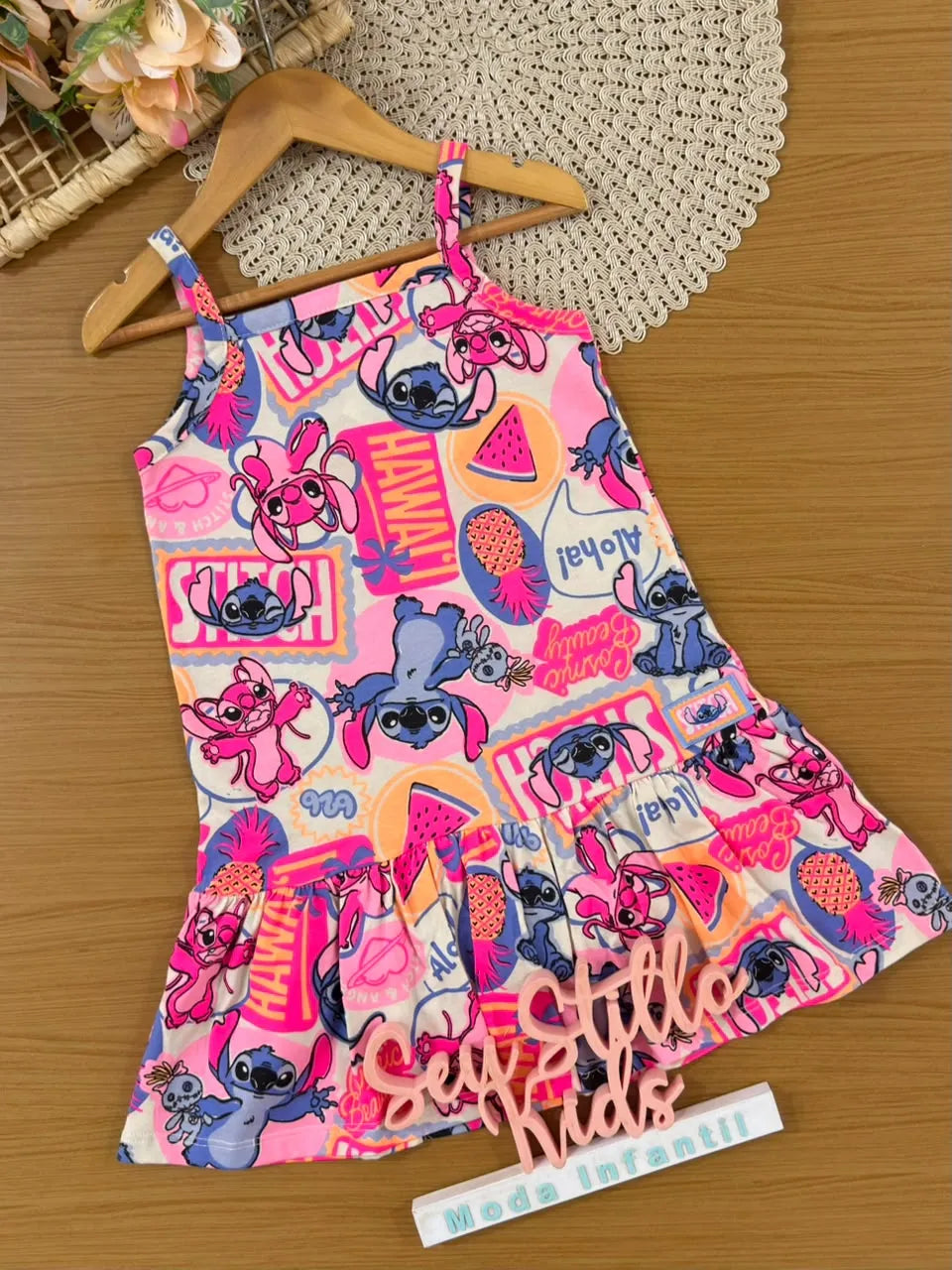 Vestido Infantil Bimbi Bege Stitch e Angel Fruits Disney