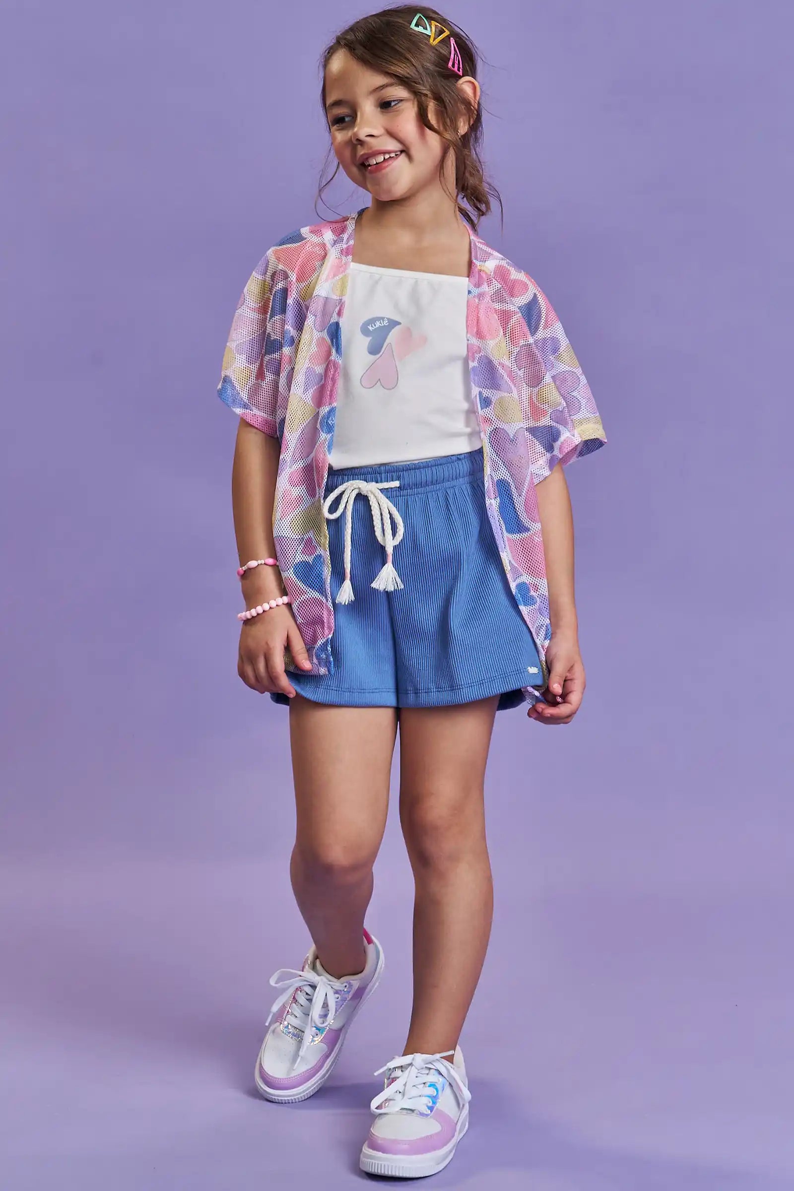 Conjunto Infantil Kukiê Inverno com Shorts Azul, Blusa e Kimono Corações