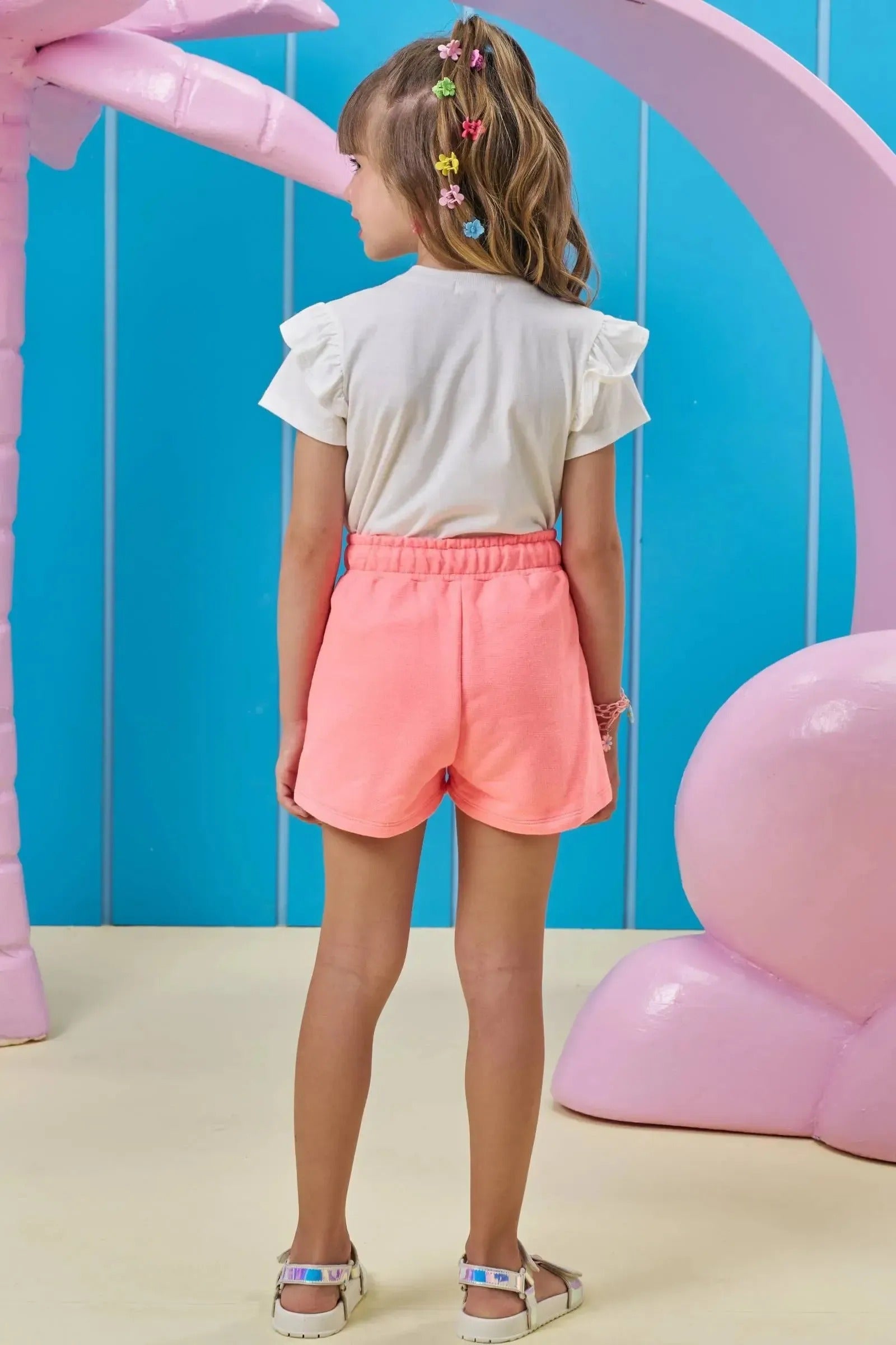 Conjunto Infantil Menina Kukiê com Shorts Rosa e Blusa Milk Shake