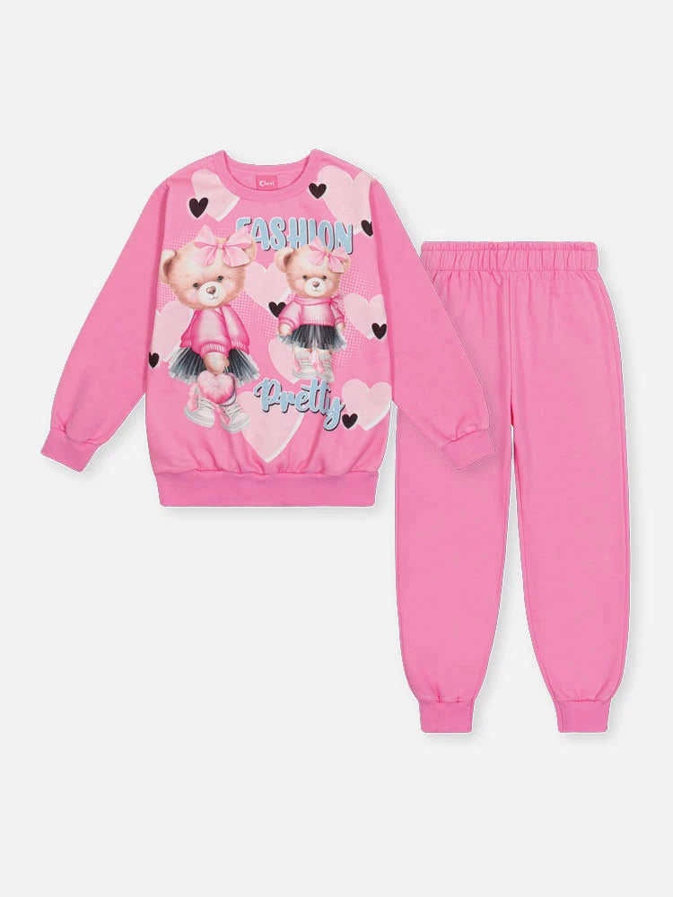 Conjunto Infantil Cinti Inverno com Calça Rosa e Moletom Flanelado Ursinha Fashion