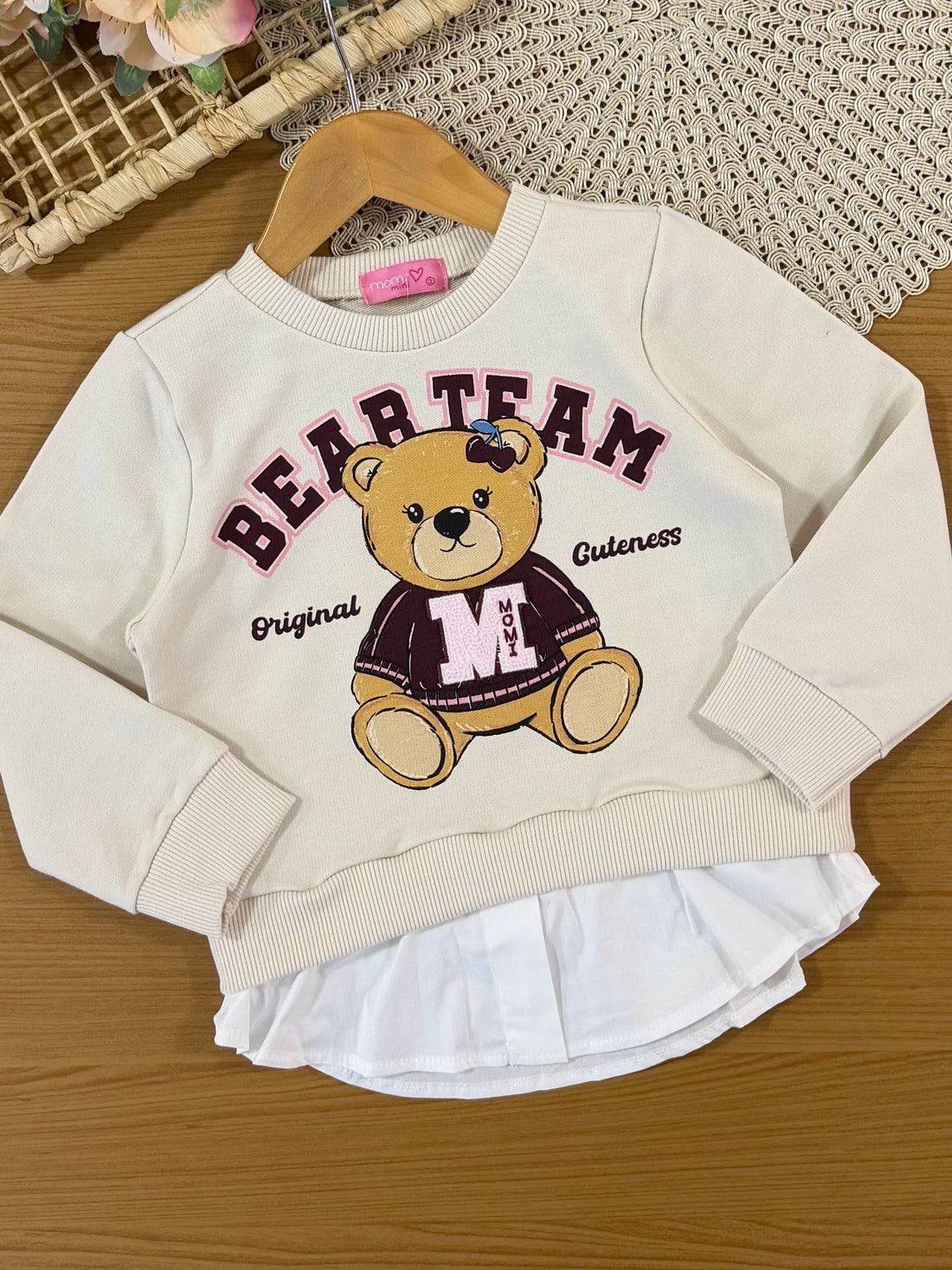 Conjunto Infantil Momi Inverno com Calça Legging Vinho e Moletom sem Flanela Bear Team
