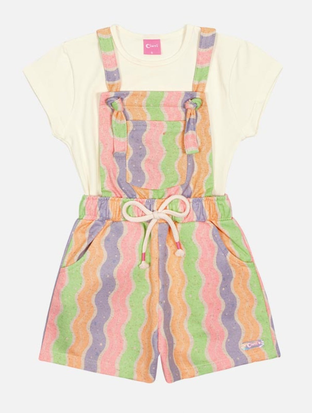 Jardineira Infantil Cinti Verão Colorida e Blusa Off White
