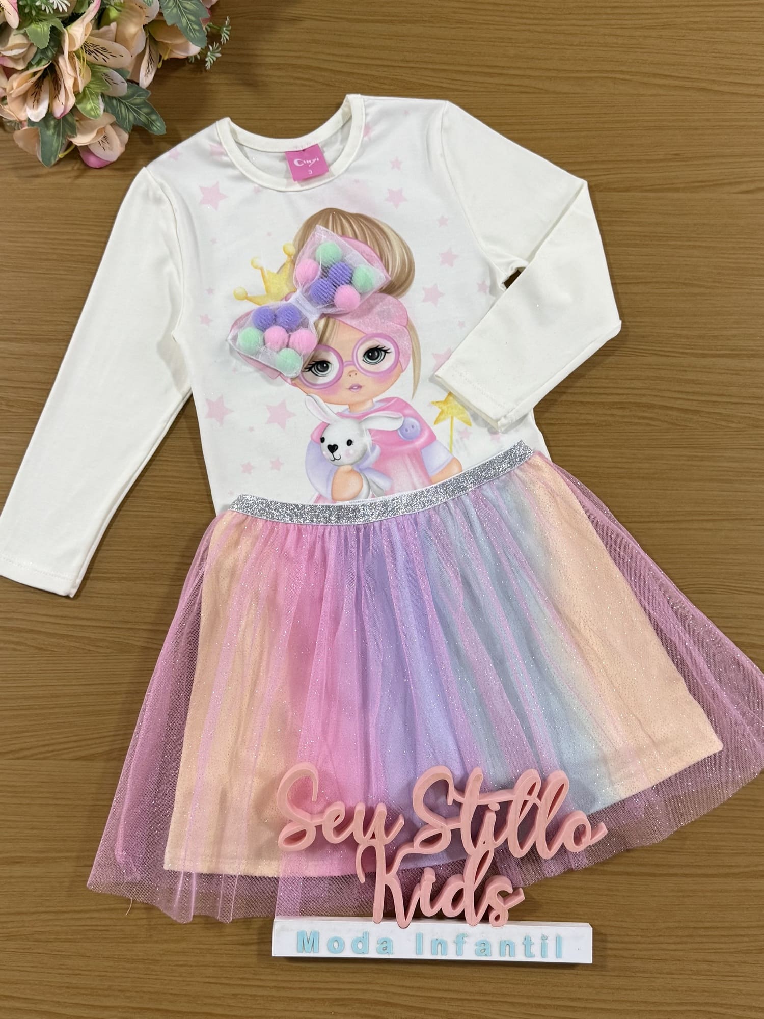 Conjunto Infantil Cinti Inverno Saia e Blusa Off White Menina Laço