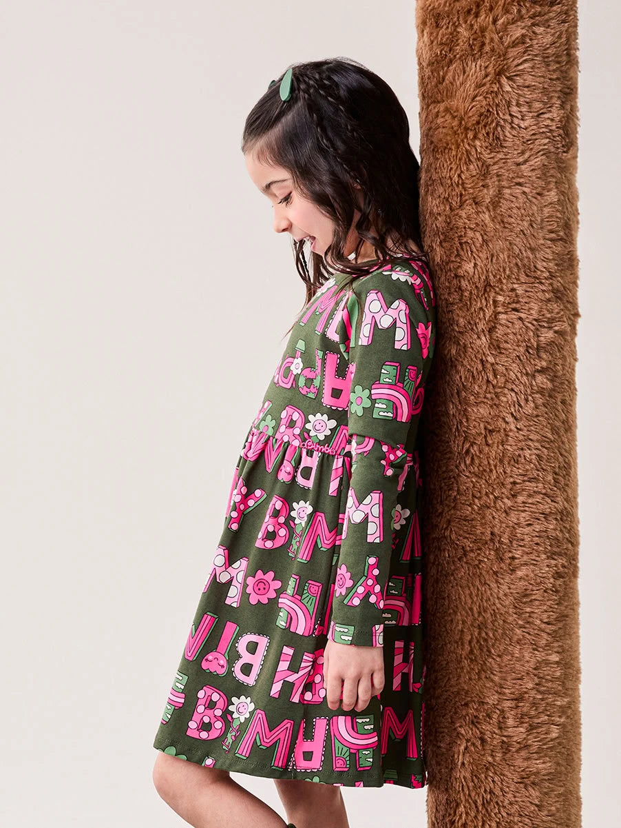 Vestido Infantil Bimbi Inverno Verde Lettering Florzinha