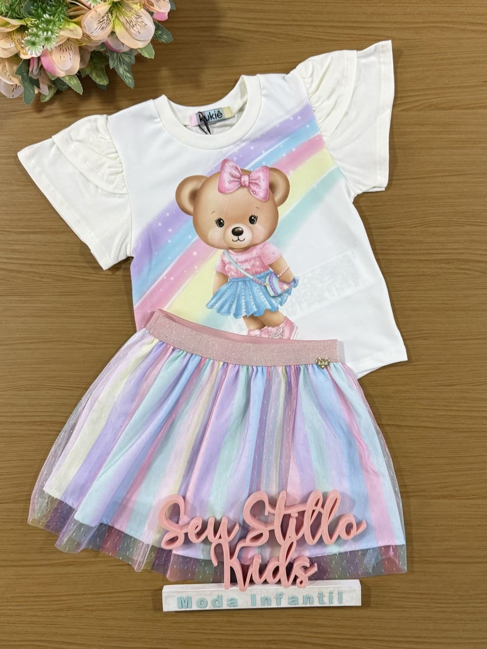 Conjunto Infantil Kukie Verão Saia e Blusa Ursinha com Strass