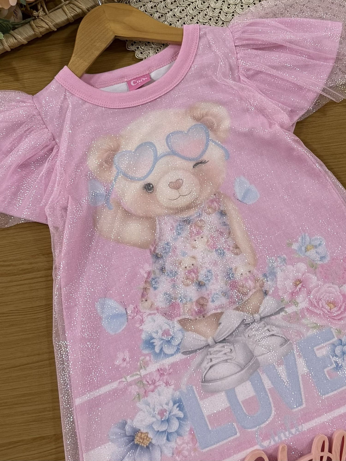 Vestido Infantil Cinti Verão com Sobreposição em Tule Rosa Ursinha Love
