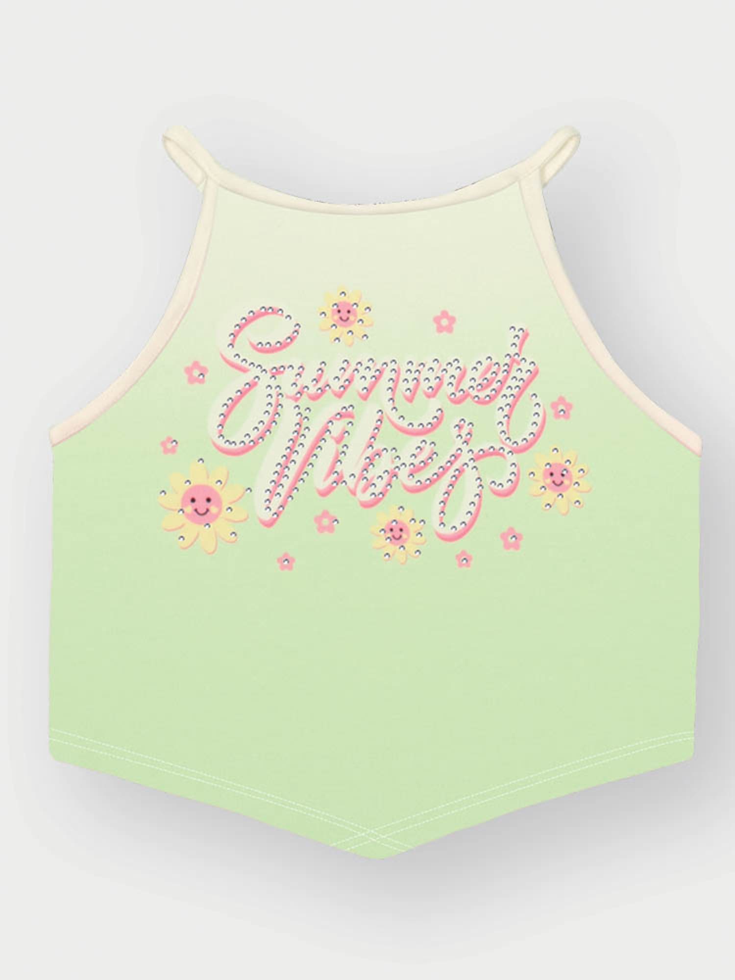 Conjunto Infantil Cinti Verão com Shorts Saia e Blusa Verde Florzinha com Strass