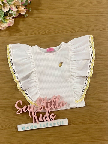 Blusa Infantil Momi Verão Canelada Com Babados Off White
