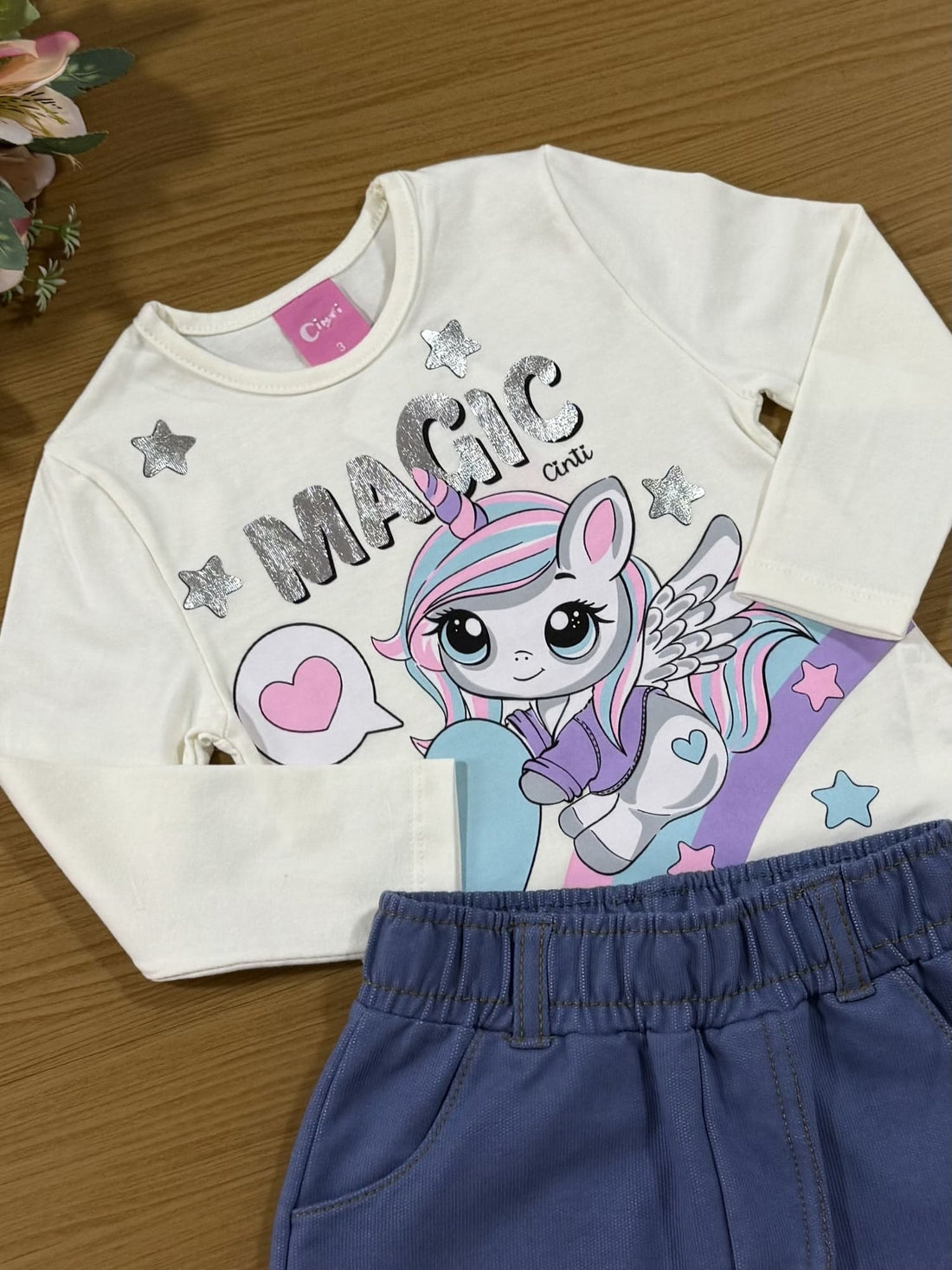 Conjunto Infantil Cinti Inverno Shorts Saia e Blusa Off White Unicórnio