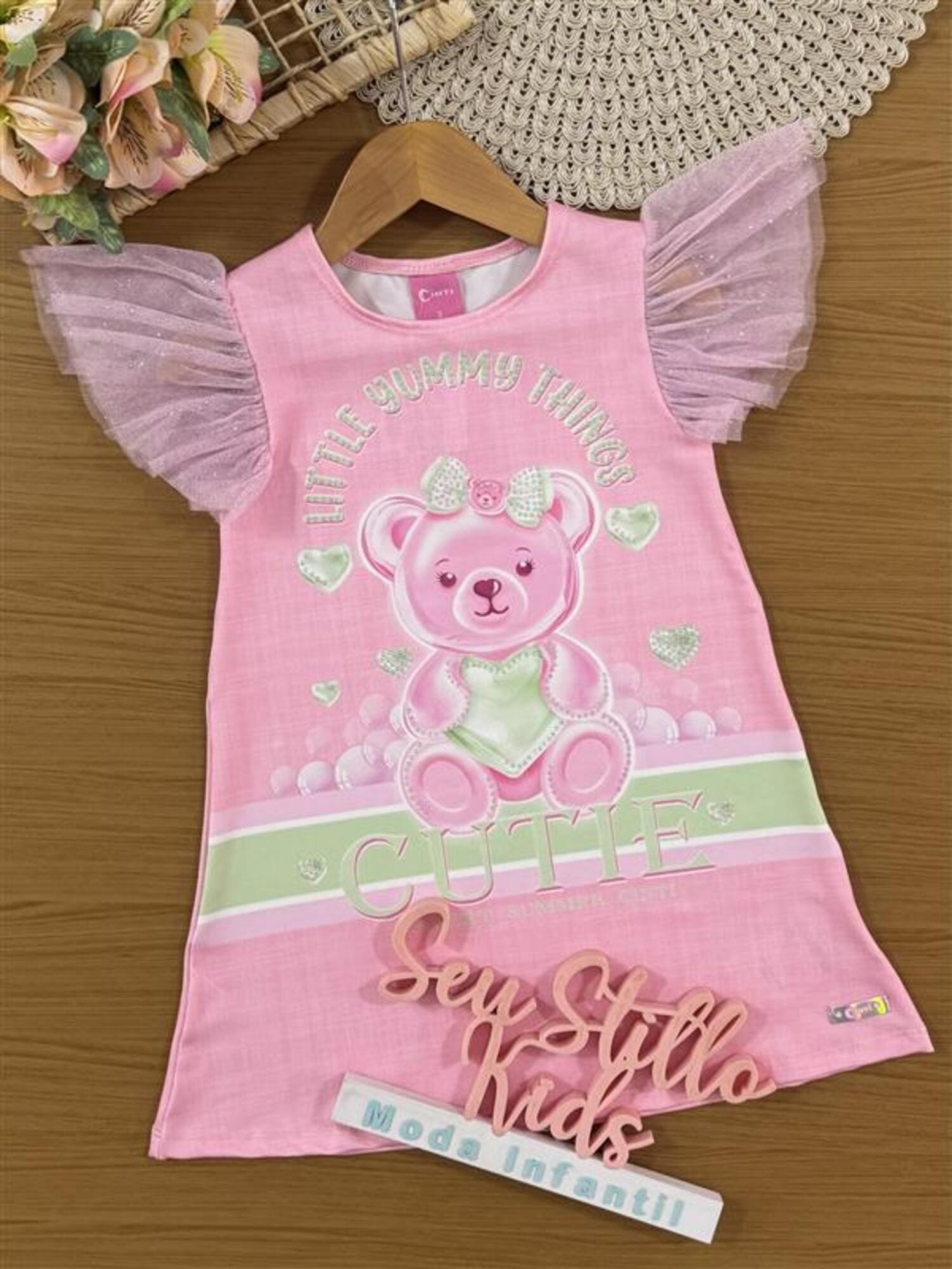 Vestido Infantil Cinti Verão Rosa Ursinha Cutie com Strass