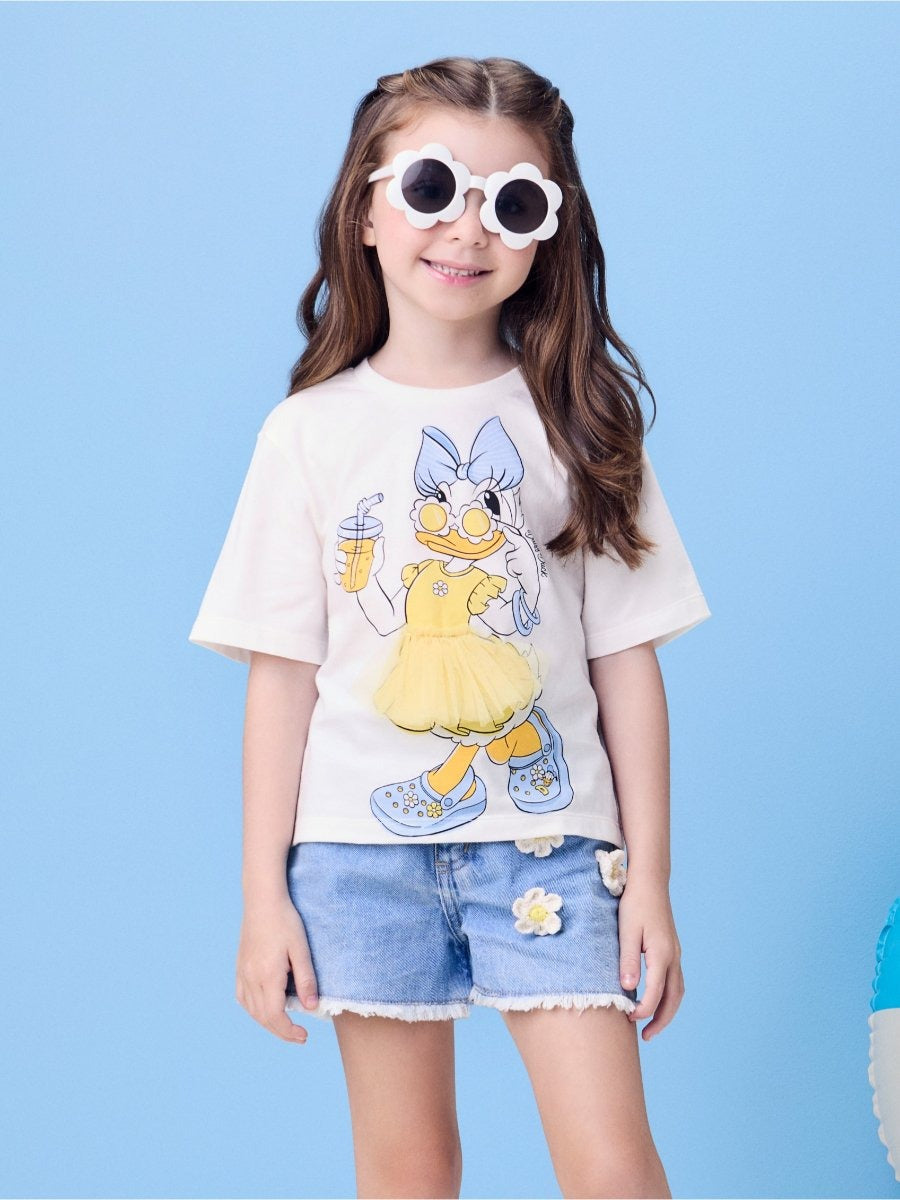 Blusa Infantil Momi Verão Branca com Detalhe emTule Daisy Duck Disney