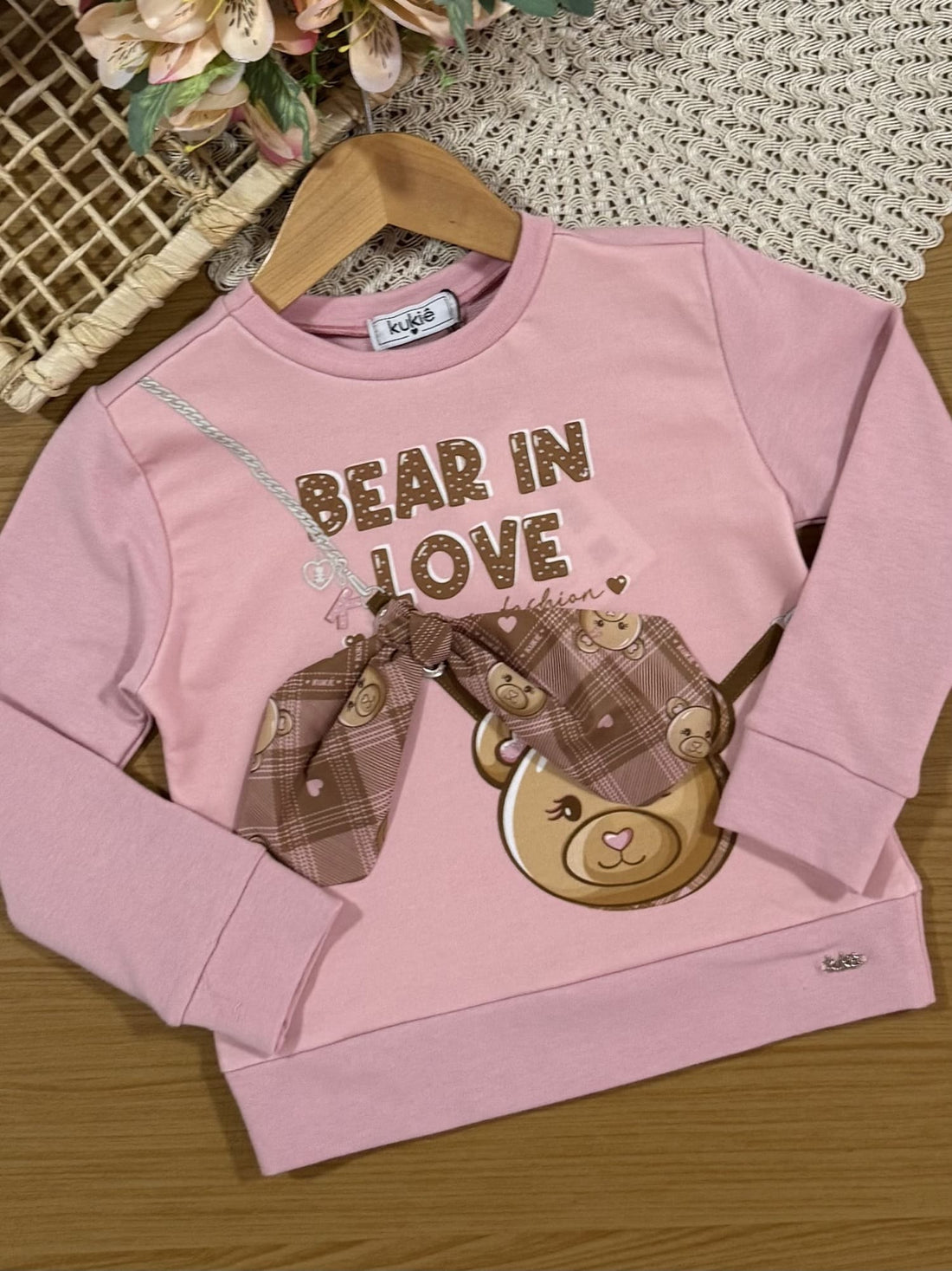 Conjunto Infantil Kukiê Inverno com Calça Legging e Blusa Manga Longa Rosa Ursinha Laço