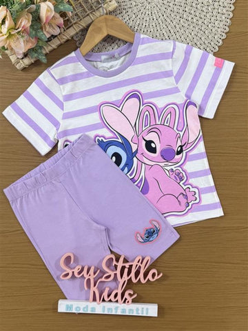 Conjunto Infantil Momi Verão com Shorts Ciclista Lilás e Blusa Listrada Angel e Stitch Disney